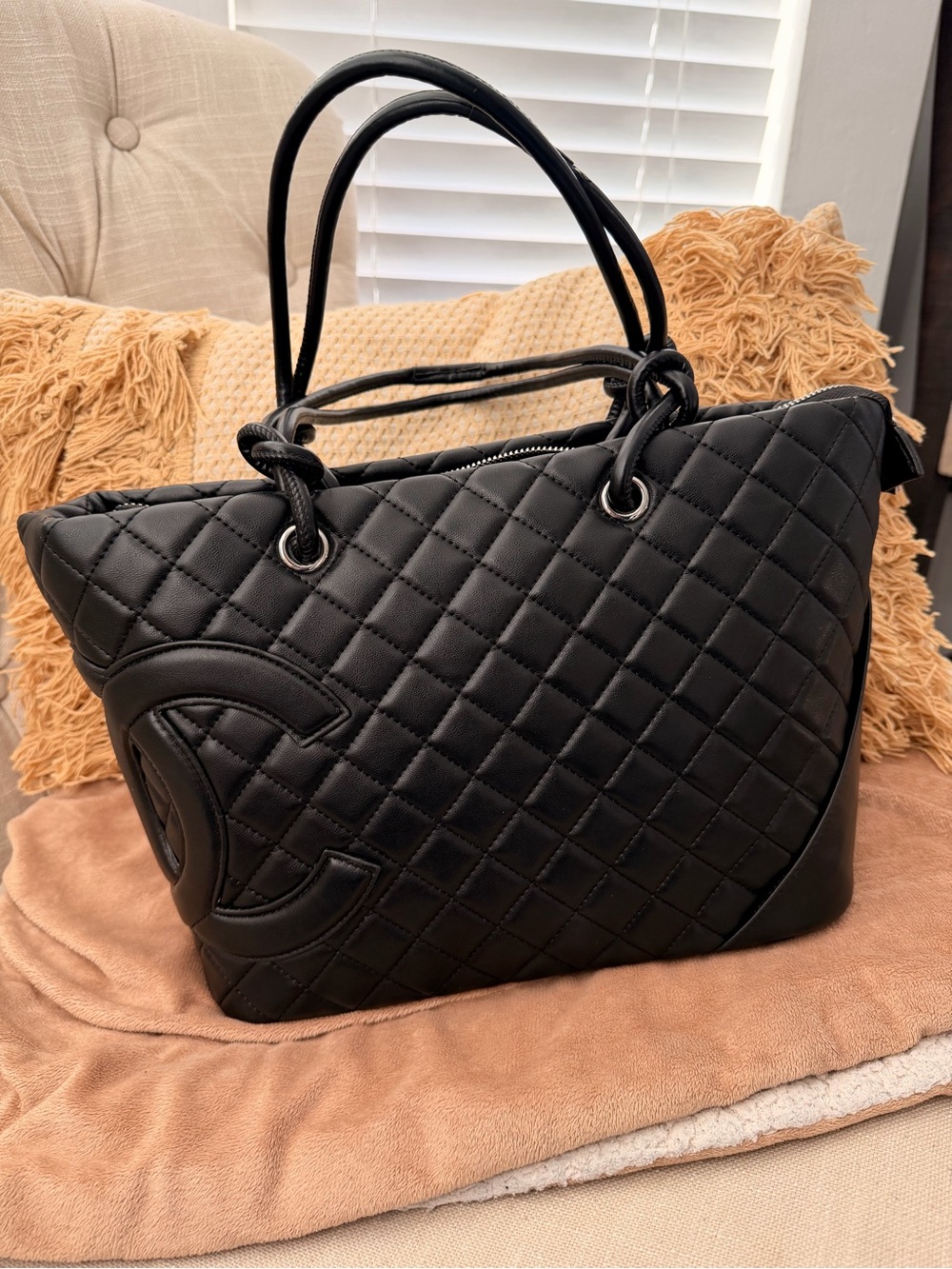 CHANEL Black Quilted Leather Tote with Signature CC Patch Cambon tote